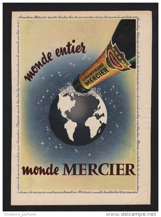 Publicité Papier 1955 Boisson Alcool  Champagne MERCIER Dessin Monde Bouteille - Publicités