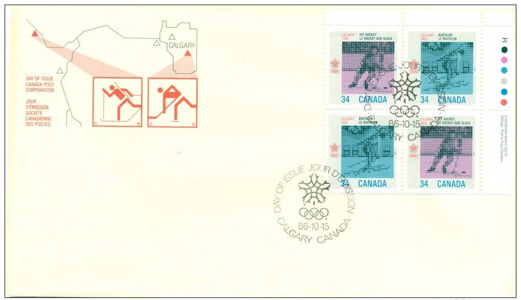 1986 Canada Calgary Winter Olympics 34c Plate Block First Day Cover - 1981-1990