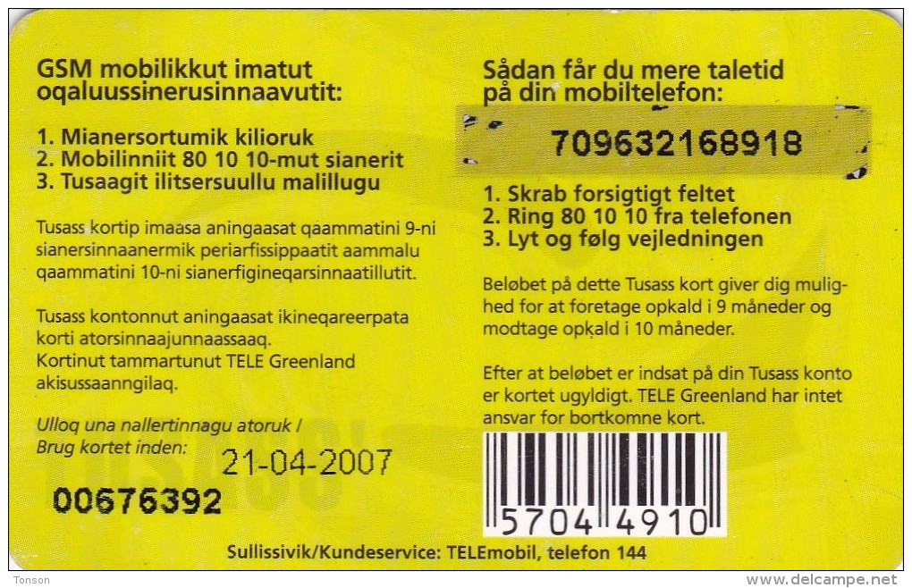 Greenland, GL-TUS-0007_0704, 100 Kr, One Girl With Mobile Phone, 2 Scans   Expiry 21-04-2007. - Groenlandia