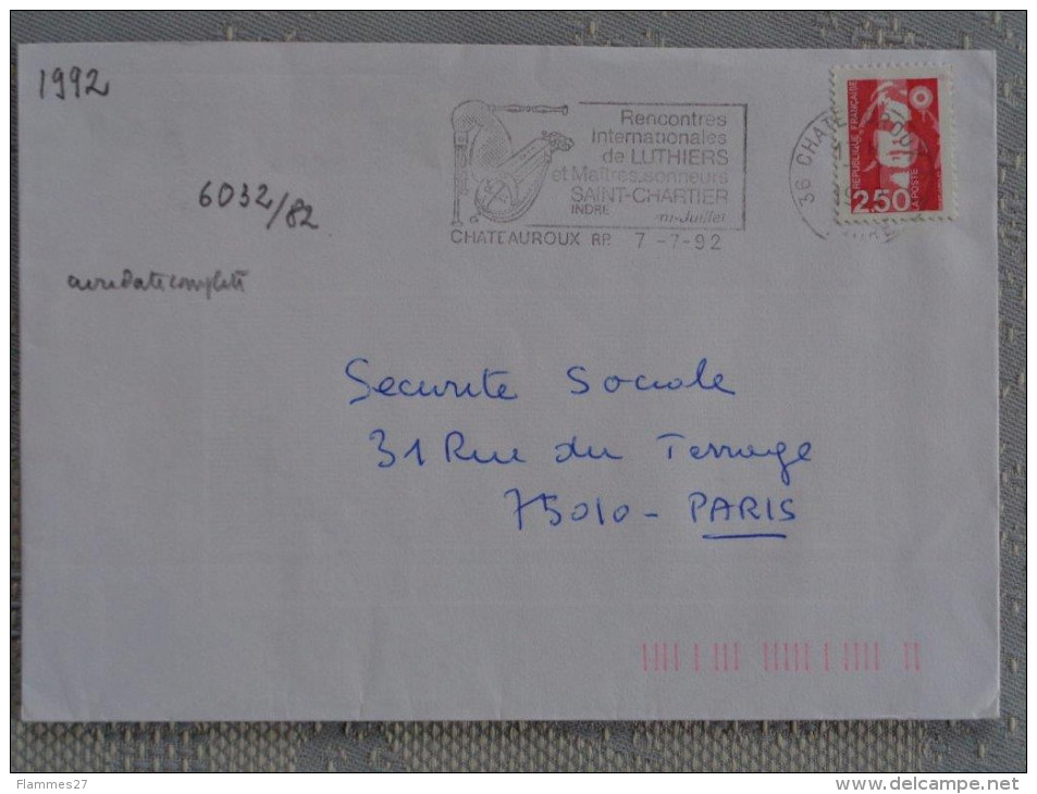 36 Indre - Flamme 1992 - CHATEAUROUX - Rencontres Intern De Luthiers Et Maîtres Sonneurs St Chartier - Mechanical Postmarks (Advertisement)