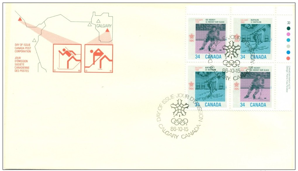 1987 Canada Calgary Winter Olympics 36c Plate Block First Day Cover - 1981-1990