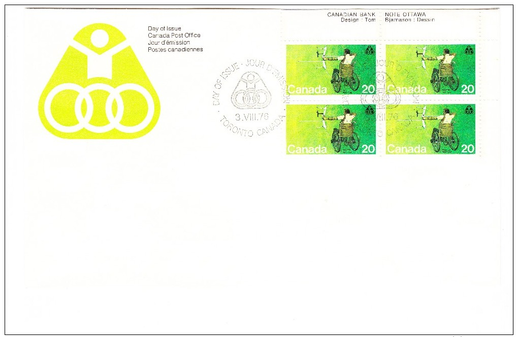 1976 Canada Handicapped Olympics 20c Plate Block First Day Cover - 1971-1980