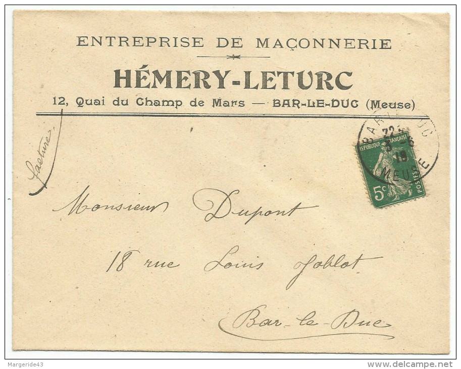 OBLITERATION SUR LETTRE A EN TETE DE BAR LE DUC (MEUSE) DU 3/6/1918 - 1877-1920: Période Semi Moderne