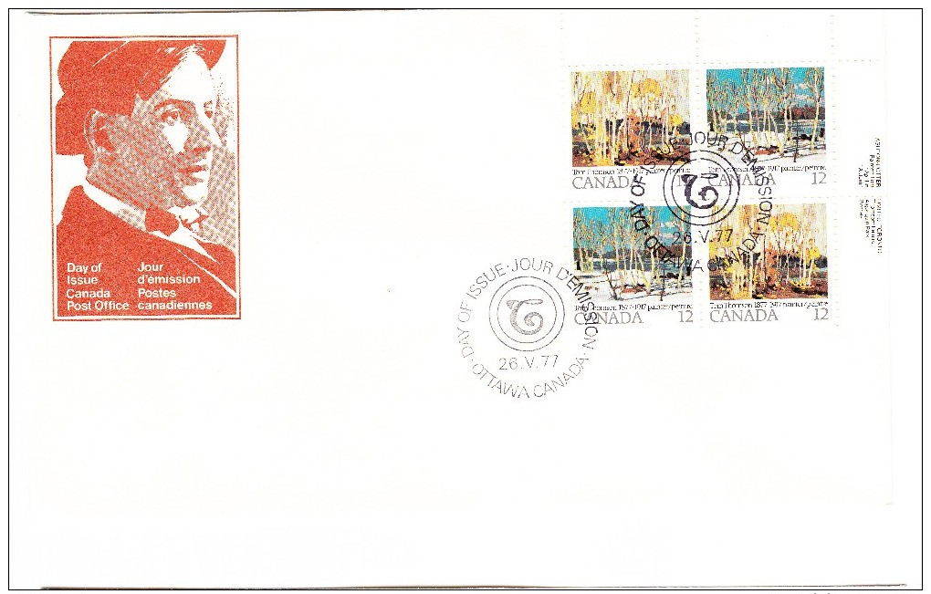 1977 Canada Tom Thomson 12c Plate Block First Day Cover - 1971-1980