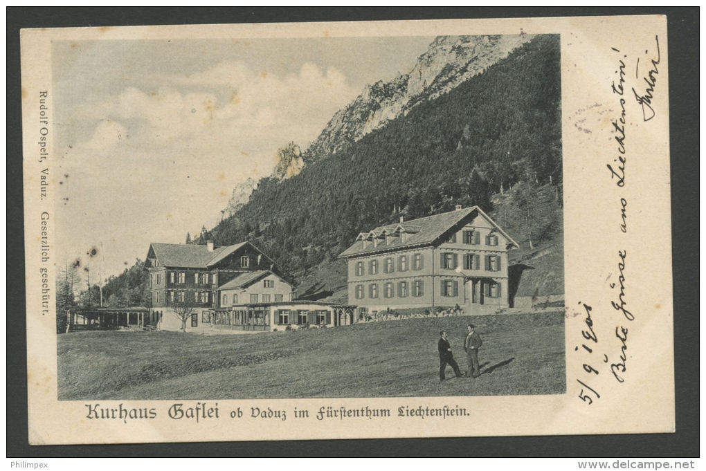 LIECHTENSTEIN, FORERUNNER 1900 5 H STAMP, SUPERB CARD: KURHAUS GAFLEIPicture Postcard Kurhaus Gaflei With 5H Forerunne - ...-1912 Prephilately