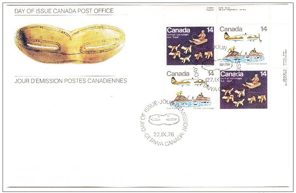 1978 Canada Inuit Travel 14c Plate Block First Day Cover - 1971-1980