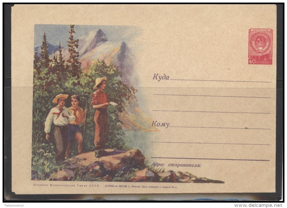 RUSSIA USSR Stamped Stationery Ganzsache 260 1956.05.26 Pioneers Scouting Mountains - 1950-59