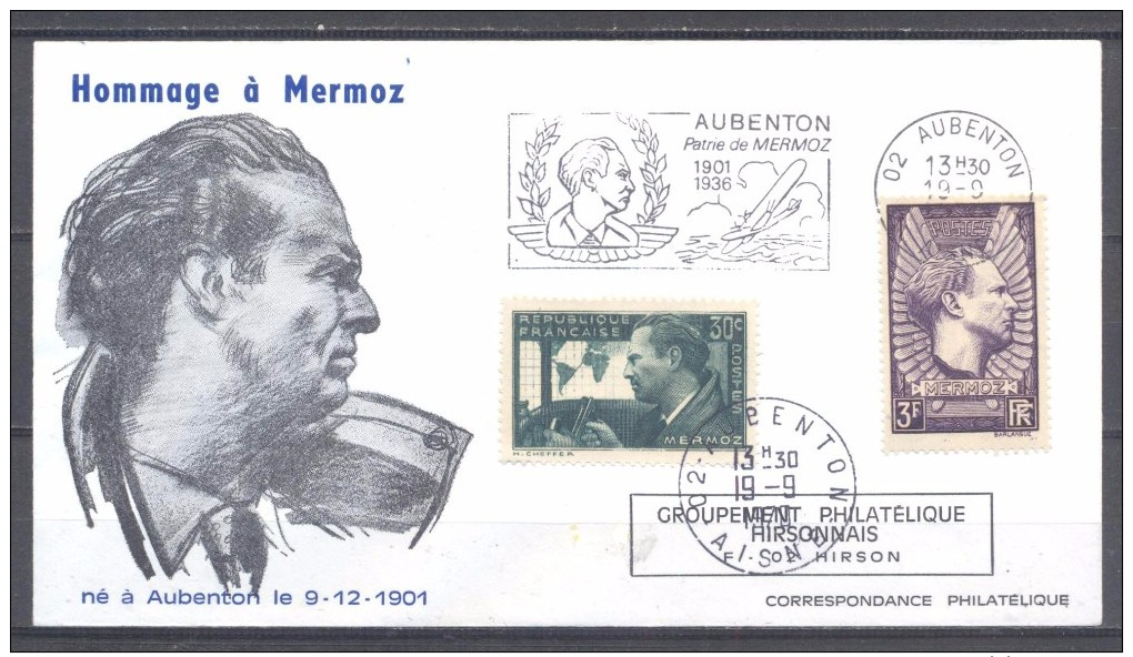 France Enveloppe Commémorative Aubenton 1970 YT N°337/338 Jean Mermoz - Lettres & Documents