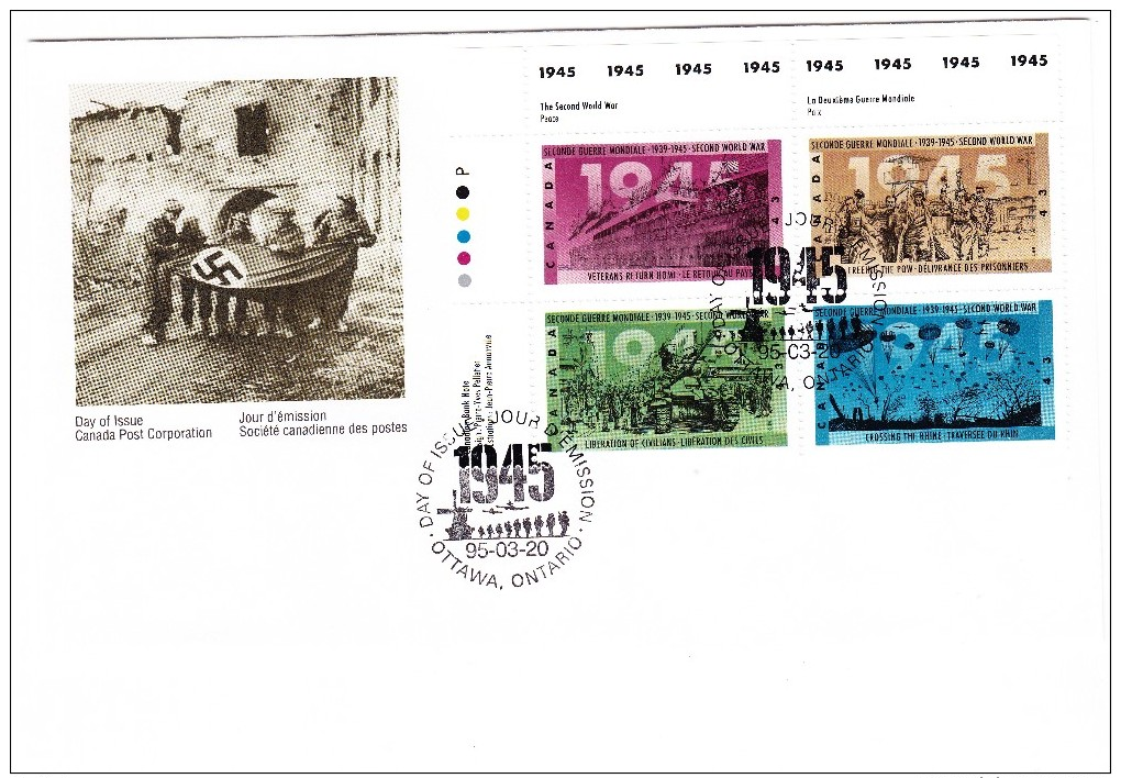 1995 Canada The Second World War 43c Plate Block First Day Cover - 1991-2000