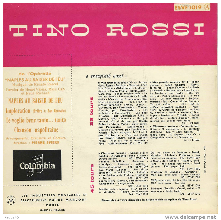 Disque Vinyle 45 T :  Tino ROSSI - Opérette "NAPLES Au Baiser De Feu" _ Columbia N° ESVF 1019. - Opera