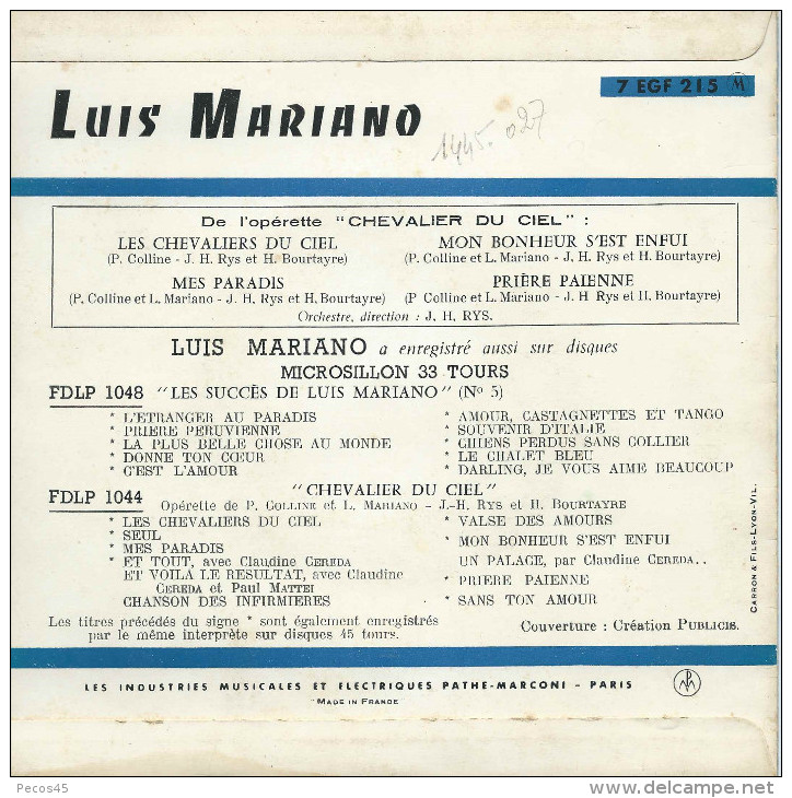 Vinyle 45 Tours / Luis MARIANO : "Les Chevaliers Du Ciel". - Opera / Operette