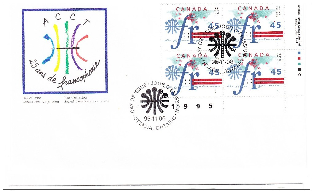 1995 Canada La Francophonie 45c Plate Block First Day Cover - 1991-2000