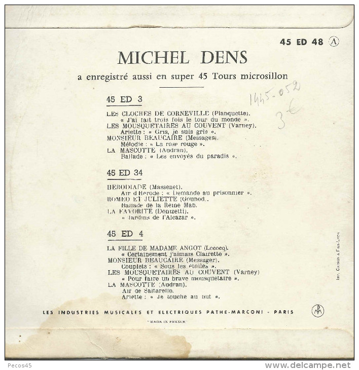 Disque Vinyle 45 T : Franz LEHAR / Michel DENS - "Le Pays Du Sourire". - Opere