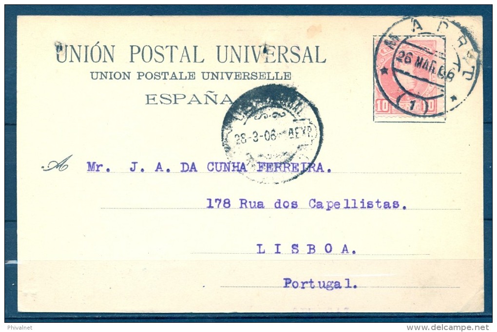 1906 , MADRID , TARJETA POSTAL CIRCULADA A LISBOA , MAT. DE MADRID , LLEGADA EN EL FRENTE - Cartas & Documentos