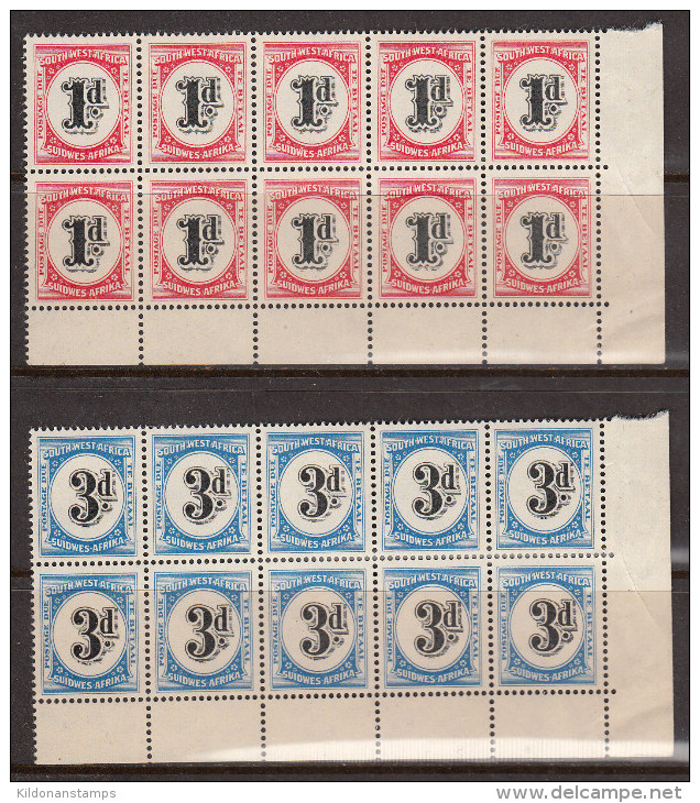 South West Africa 1959 Postage Due, Corner Block Of 10, Mint No Hinge, See Desc, Sc# J94-J95, SG D52,D54 - Südwestafrika (1923-1990)
