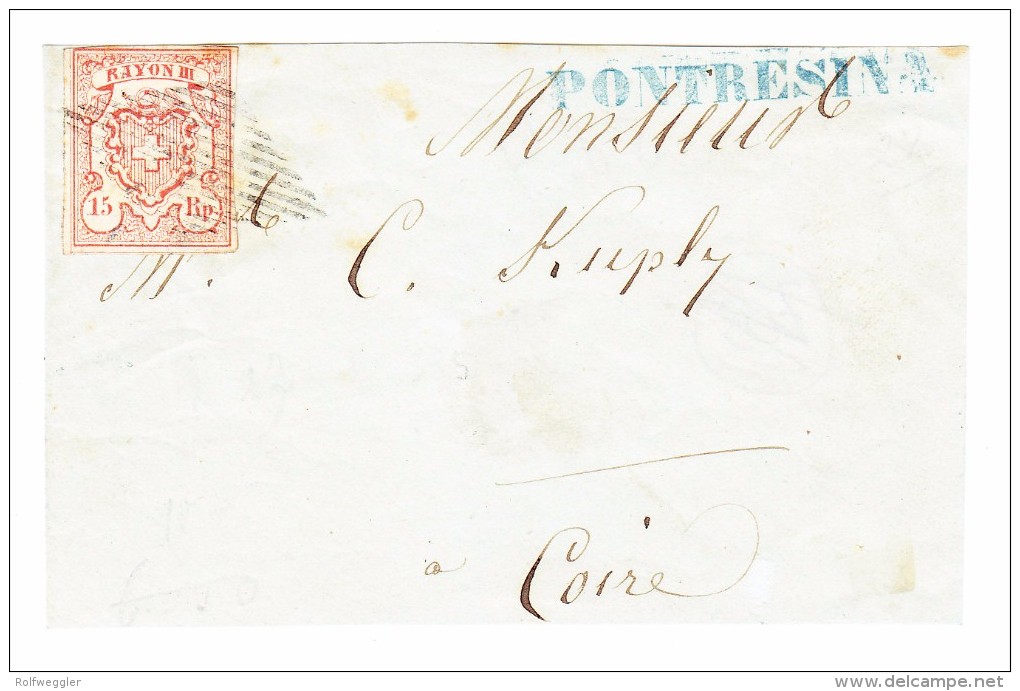 Heimat GR ENGADIN - PONTRESINA Balkenstempel Blau Mit Rayon III Klein Ziffer Typ 7 Vollrandig Auf Briefstück - 1843-1852 Federal & Cantonal Stamps