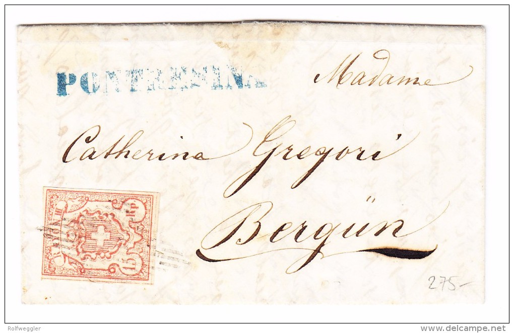 Heimat GR ENGADIN - PONTRESINA Balkenstempel Blau Mit Rayon III Typ 6 Vollrandig Auf Brief 29.7.1853 Nach Bergün - 1843-1852 Timbres Cantonaux Et  Fédéraux