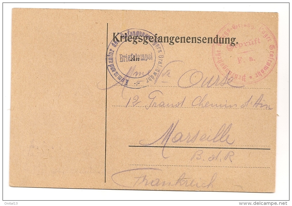 1916 DU CAMP DE PRISONNIERS DE GUERRE DE GRAFENWOHR BAVIERE A MARSEILLE / MANDAT POSTAL CP9862 - Briefe U. Dokumente