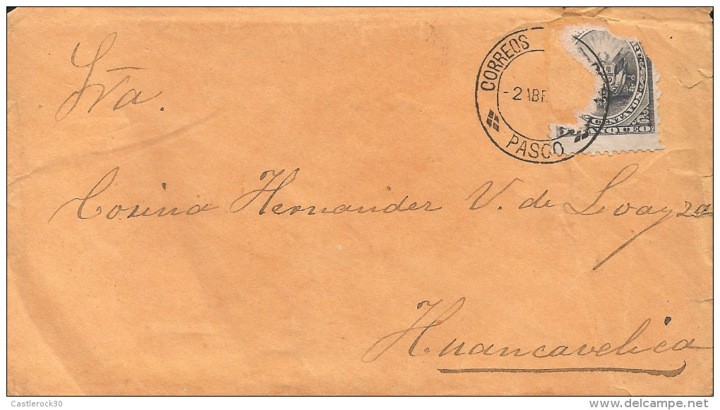 G)1887 PERU, DAMAGED COAT OF ARMS, CIRCULAR PASCO CANC., CIRCULATED COVER TO HUANCAVELICA, XF - Peru