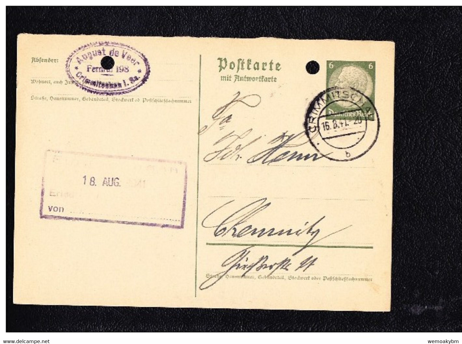 DR 33-45: GS Antwort-Karte 6 Pfg Hindenburg Aus CRIMMITSCHAU Vom 16.8.41, Firmenbedarf Mit Aktenlochung Knr:P 229 - Sonstige & Ohne Zuordnung