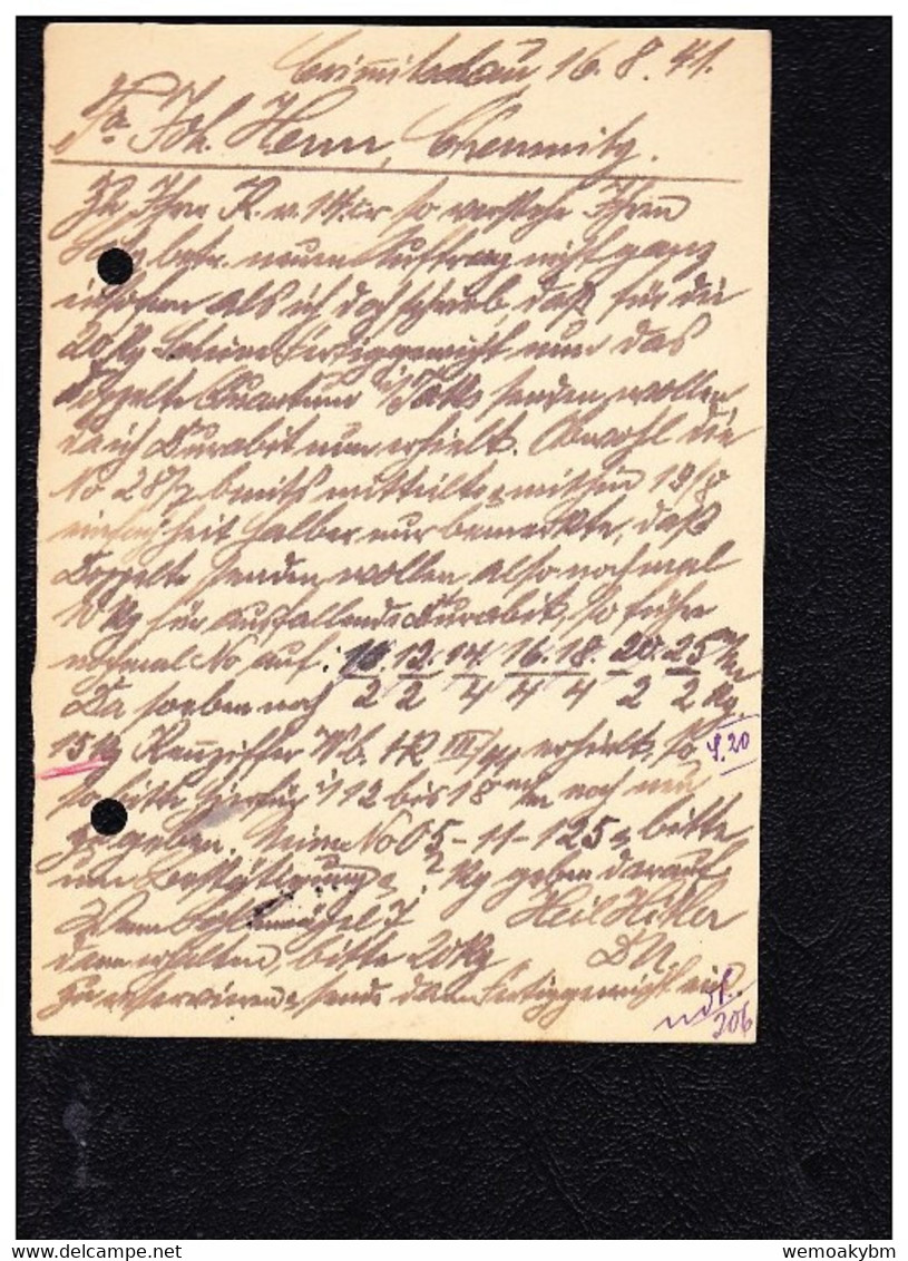 DR 33-45: GS Antwort-Karte 6 Pfg Hindenburg Aus CRIMMITSCHAU Vom 16.8.41, Firmenbedarf Mit Aktenlochung Knr:P 229 - Sonstige & Ohne Zuordnung