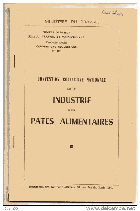 Livre - Convention Collective Nationale De L´ Industrie Des Pates Alimentaires - 1960 - Recht