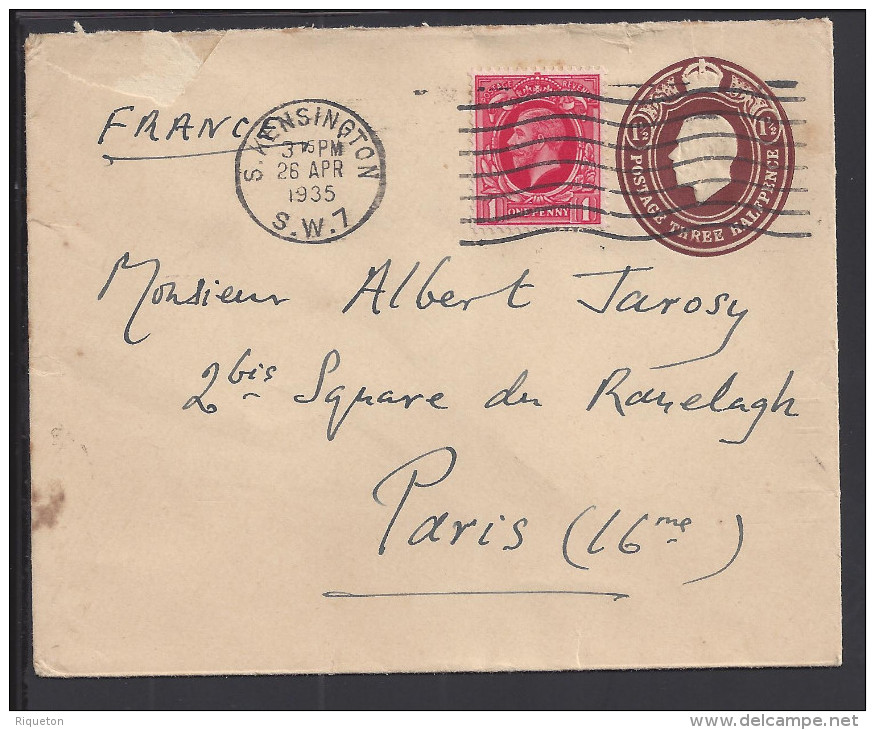 GR-BRETAGNE - 1935 -  ENVELOPPE ENTIER POSTAL + COMPL. D´AFFRANCHISSEMENT DE SOUTH. KENSINGTON VERS PARIS - - Lettres & Documents