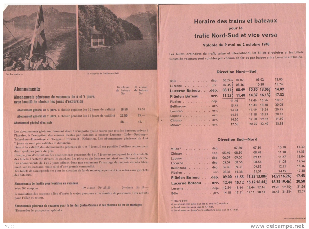 Publicité. Horaire Des Trains &amp; Bateaux. 1948. Suisse. Lac Des Quatre-Cantons. Lucerne/Luzern. - Europe