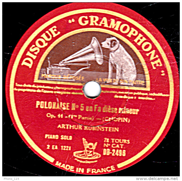 78 Trs - 30 Cm - état EX -  ARTHUR RUBINSTEIN - POLONAISE DE CHOPIN N°5 En Fa Dièse Mineur Op. 44 1re Partie Et Fin - 78 T - Disques Pour Gramophone