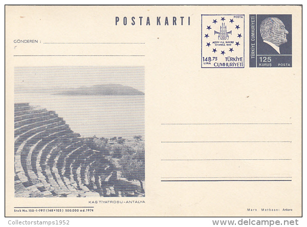 34974- KAS ANCIENT OUTDOOR THEATRE, MUSTAFA KEMAL ATATURK, POSTCARD STATIONERY, 1989, TURKEY - Interi Postali