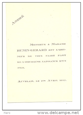 AUVELAIS 1927 - Faire-part De Naissance D' André HUNIN - GERARD (b180) - Naissance & Baptême