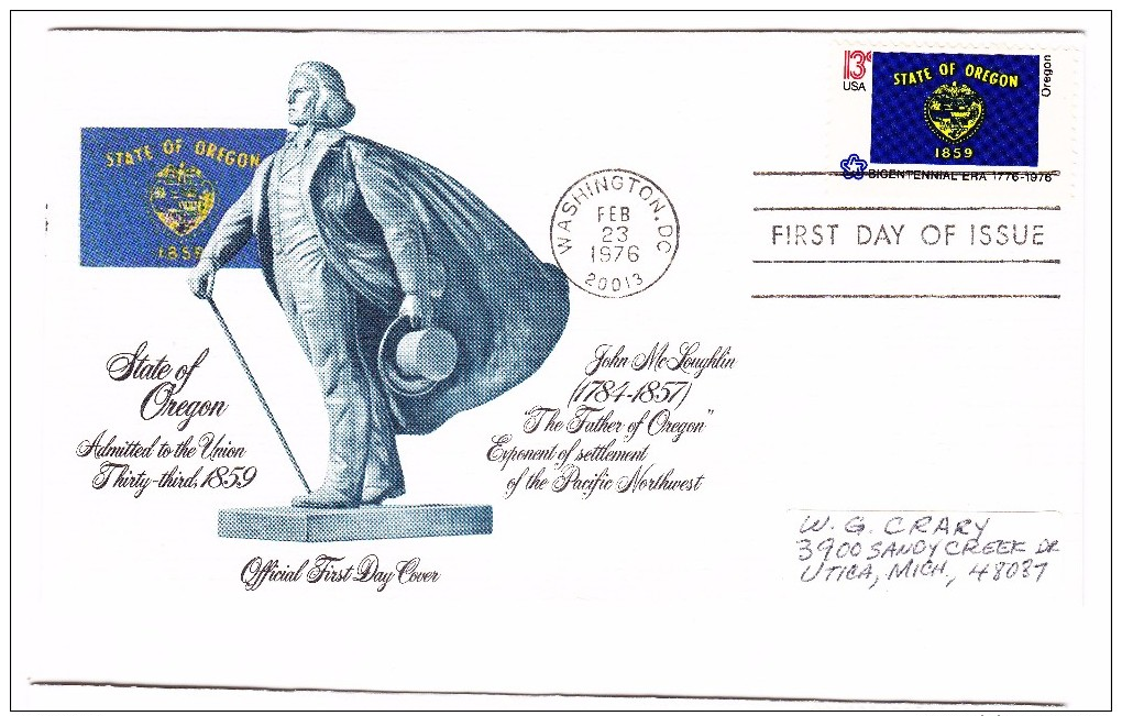 1976 USA State Of Oregon 13c  First Day Cover - 1971-1980