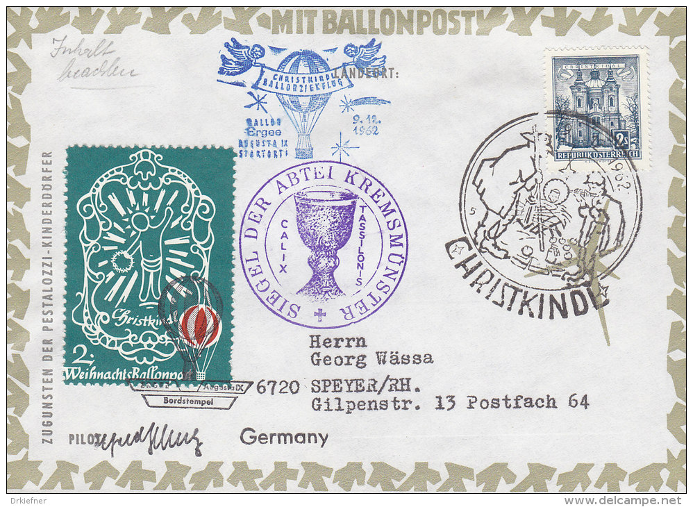 ÖSTERREICH  1049 Auf Brief 2, Weihnachts- Ballonpost Mit Ergee Augusta IX Ab Abtei Kremsmünster, Christkindl 9.12.1962 - Ballonpost