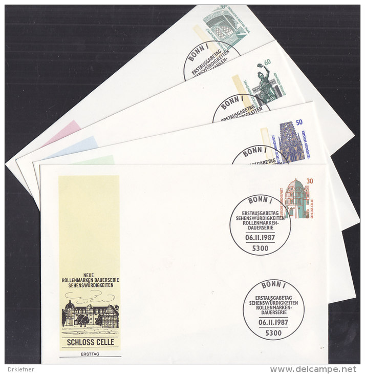 BRD Privatumschläge PU 285, PU 286, PU 288, PU320 Mit Erstausgabetagstempel BONN 6.11.1987 - Enveloppes Privées - Oblitérées