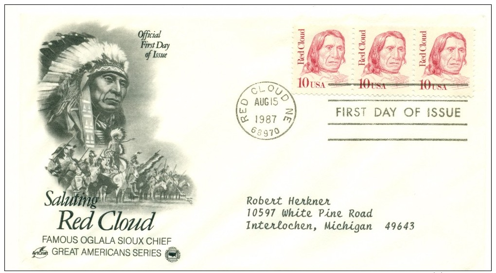 1987 USA Red Cloud 3x 10c First Day Cover - 1981-1990