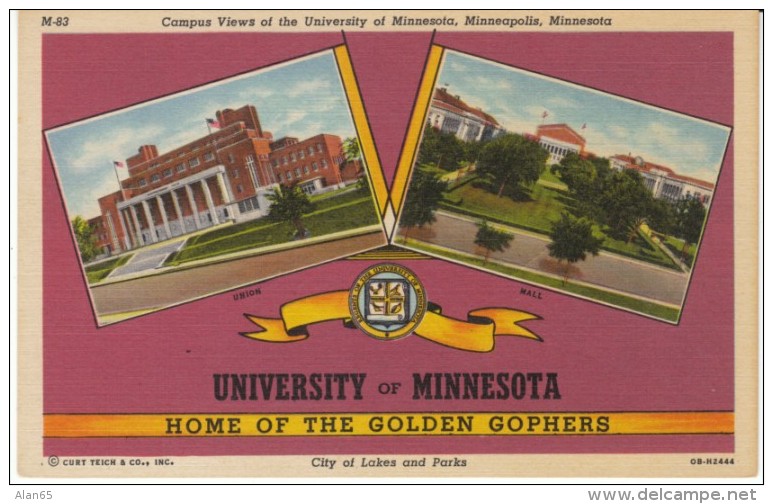 University Of Minnesota Home Of The Golden Gophers, Minneapolis School Multi-view C1940 Linen Postcard - Minneapolis