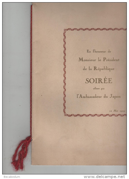 Programme Soirée Honneur Président République Ambassadeur Japon 1929 Danses Japonaises Foujima Andolfi Cruque Dojoji - Programs