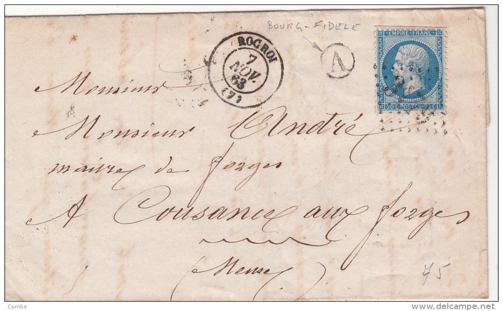 1863. LETTRE. N°22. ARDENNES. ROCROI. GC 3179. BOITE  RURALE A BOURG-FIDELE / 7439 - 1849-1876: Période Classique