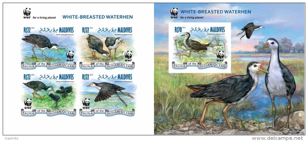 Maldives 2013, WWF, Birds, White Breasted Waterhen, 4val In BF +BF IMPERFORATED - Unused Stamps