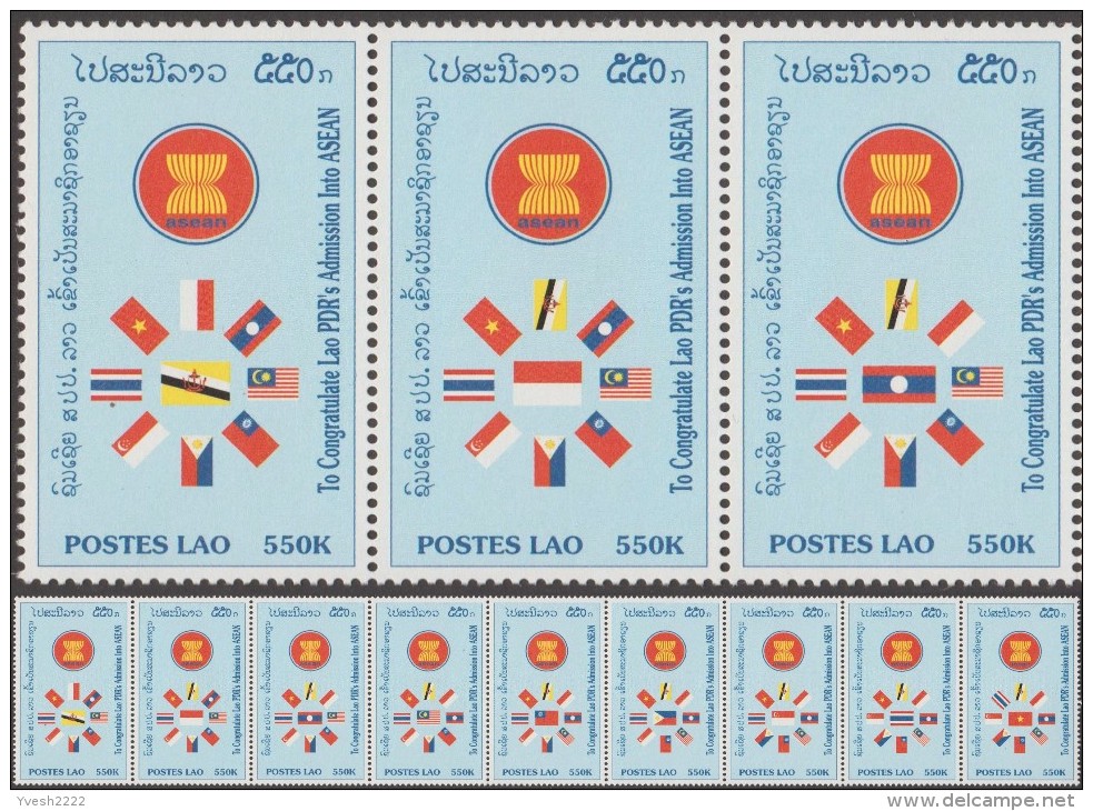 Laos 1998 Y&T 1311/9, Michel 1623A/31A, Scott 1359. Asean, Bande De 9. Drapeaux : Brunei, Thaïlande, Indonésie... - Stamps