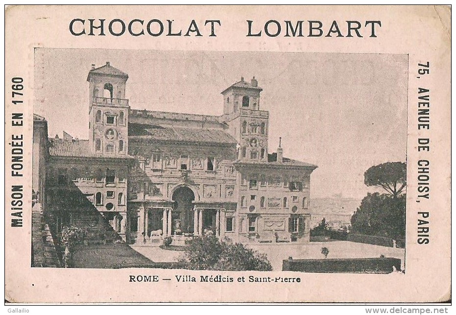 CHROMO CHOCOLAT LOMBART ROME VILLA MEDICIS ET SAINT PIERRE - Lombart
