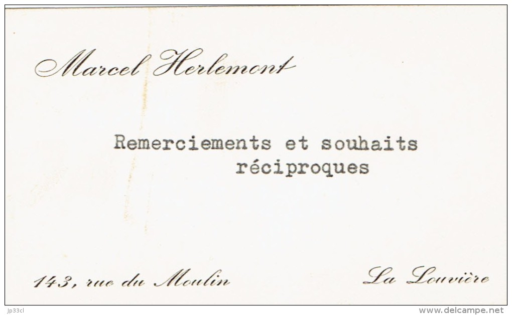 Ancienne Carte De Visite De Marcel Herlemont, Rue Du Moulin, La Louvière (vers 1950) - Visiting Cards