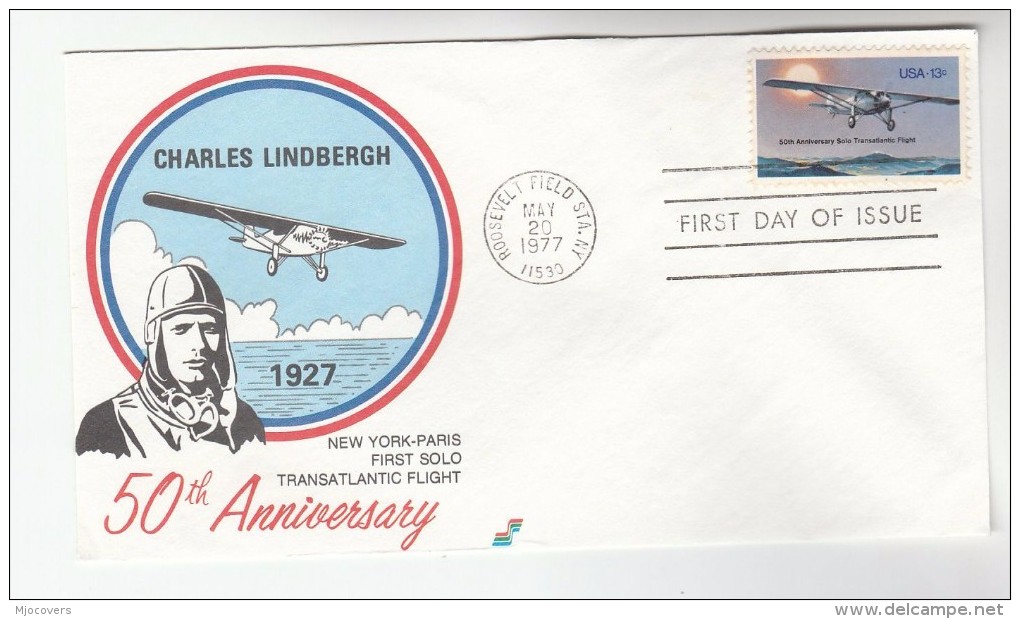 1977  USA FDC Stamps CHARLES LINDBERGH FLIGHT ANNIV  Pmk ROOSEVELT FIELD Aviation Cover - Aerei