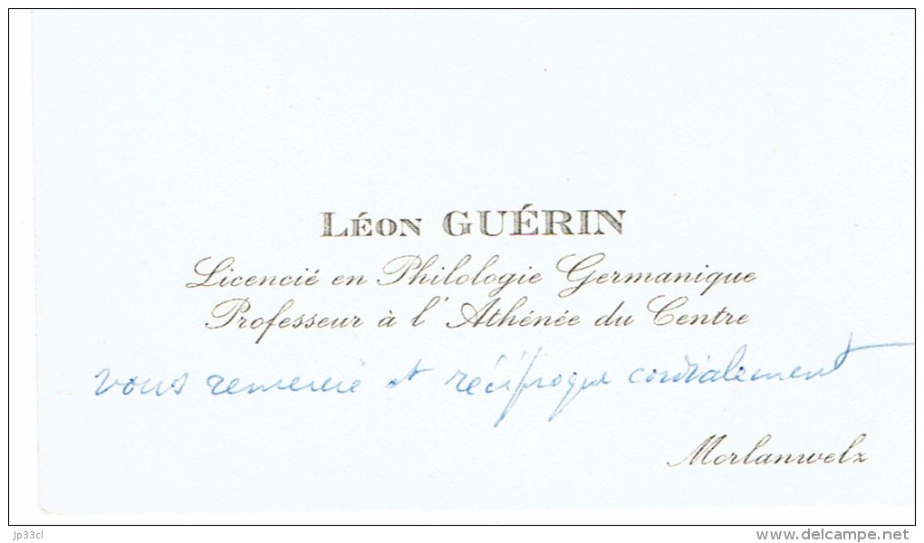 Ancienne Carte De Visite De Léon Guérin, Professeur à L'Athénée Du Centre, Morlanwelz (vers 1960/65) - Cartes De Visite