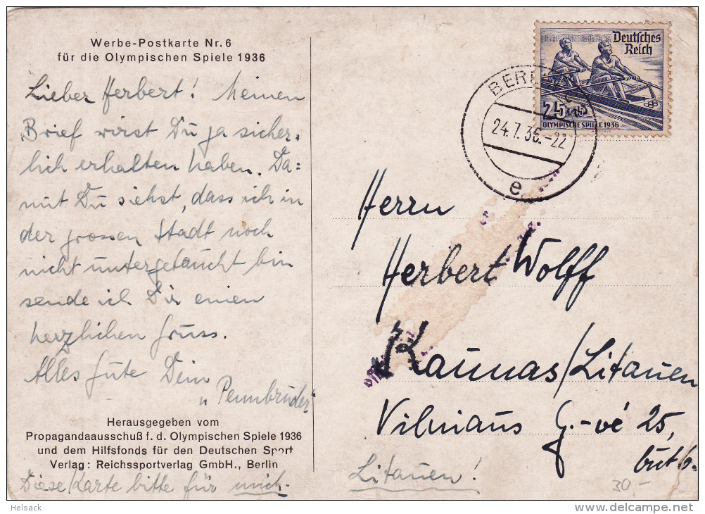 Dt Reich  III. Reich Werbe-Karte Olympiade 1936 Nr 6 Fackellauf Nach Litauen - Storia Postale