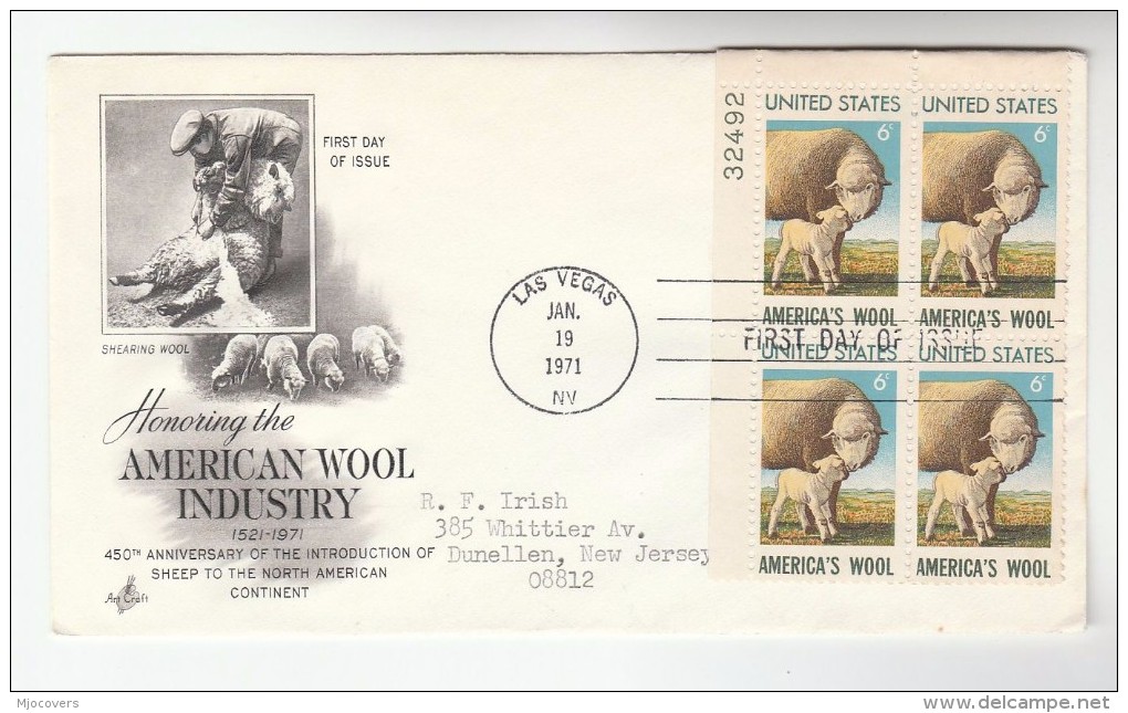 1971 Las Vegas  USA FDC  Block Of 4x SHEEP WOOL INDUSTRY  Stamps Cover Artcraft - Ferme