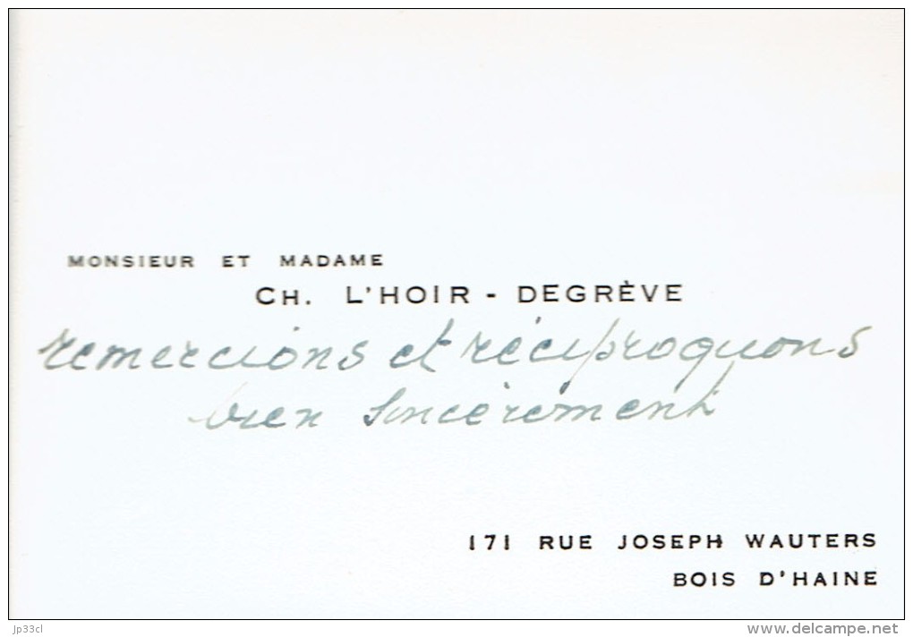 Ancienne Carte De Visite Du Bourgmestre Charles L'Hoir Degrève Rue Joseph Wauters, Bois-d'Haine (vers 1955) - Visiting Cards