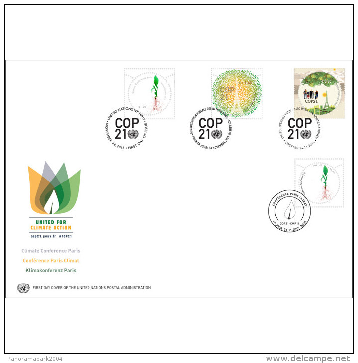 France - ONU UN 2015 COP 21 COP21 Climat Climate Joint Issue Emission Commune FDC 4 Stamps / Timbres - Gezamelijke Uitgaven New York/Genève/Wenen