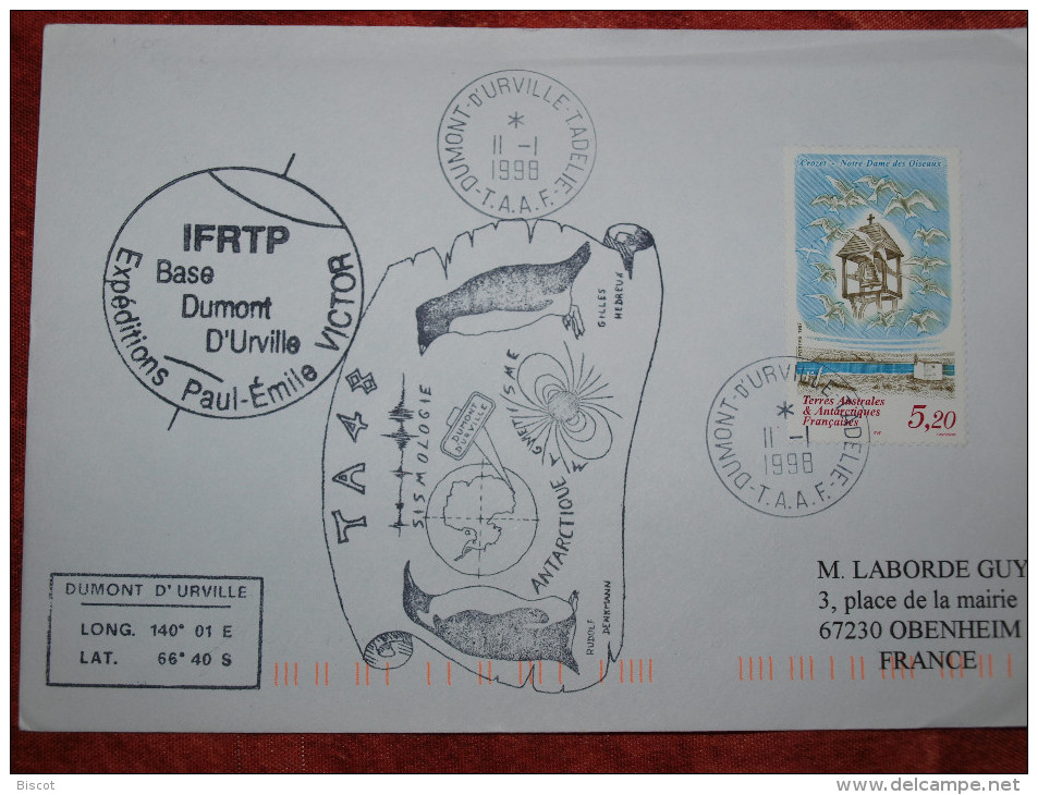 Dumont D´Urville 11 1 1998 Enveloppe Ayant Voyagé  Sismologie Nombreux Cachets Au Dos 2 Scans - Cartas & Documentos