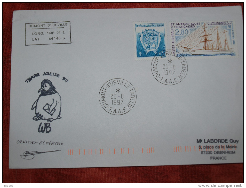 Dumont D´Urville  20  8  1997  Ornithologie Enveloppe Ayant Voyagé - Brieven En Documenten